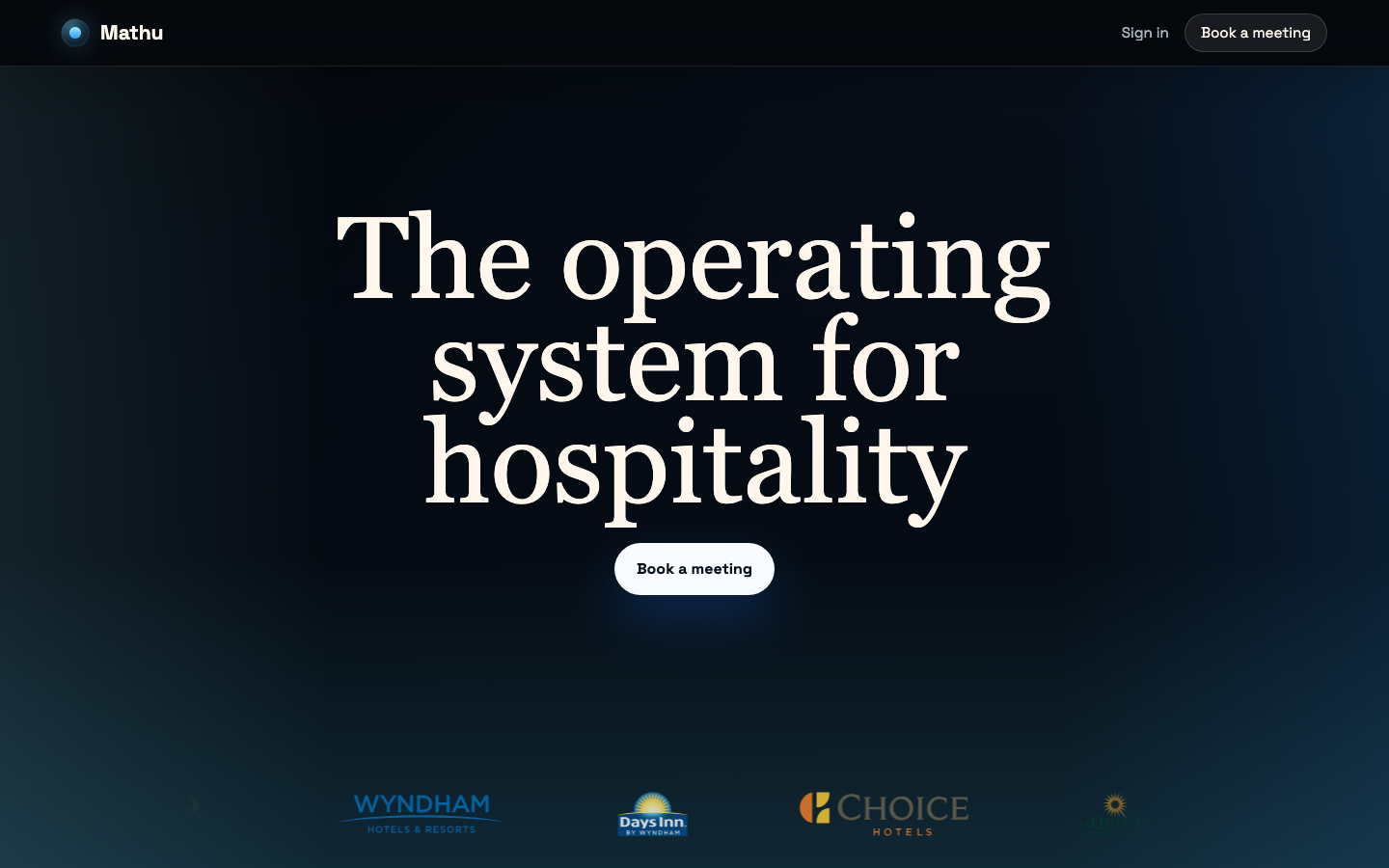Mathu AI landing page screenshot showing the hotel operations agent hero