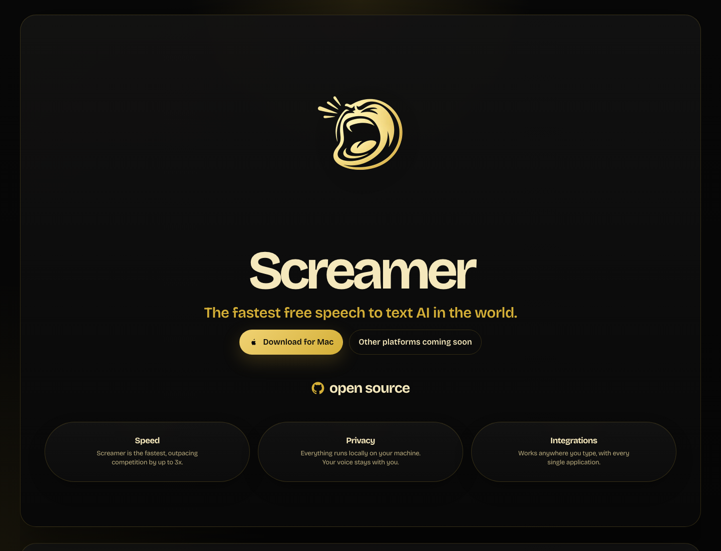Screamer landing page screenshot showing the product hero and feature highlights